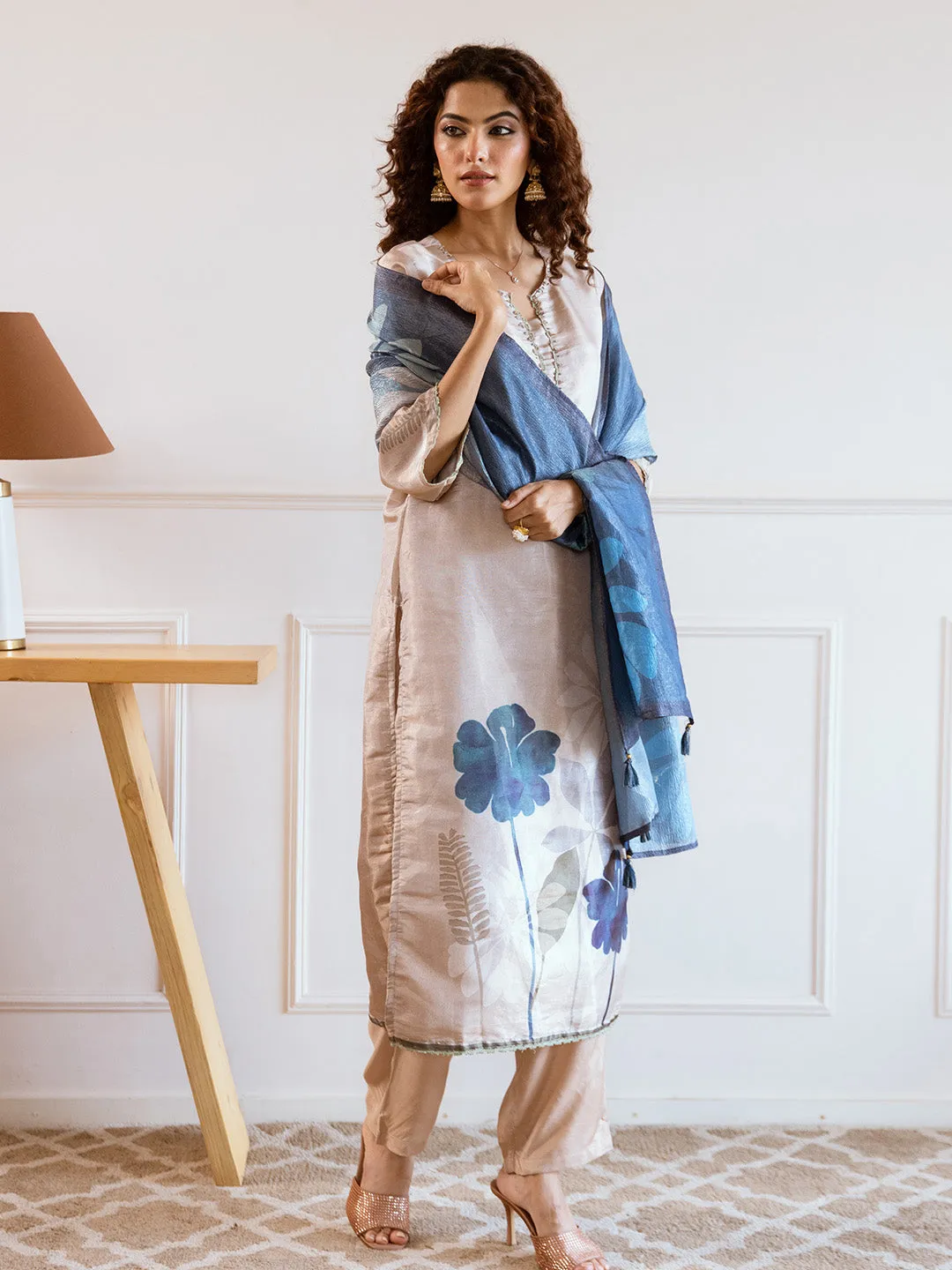 ISHIN Women CREAM TISSUE 3pcs kurta set