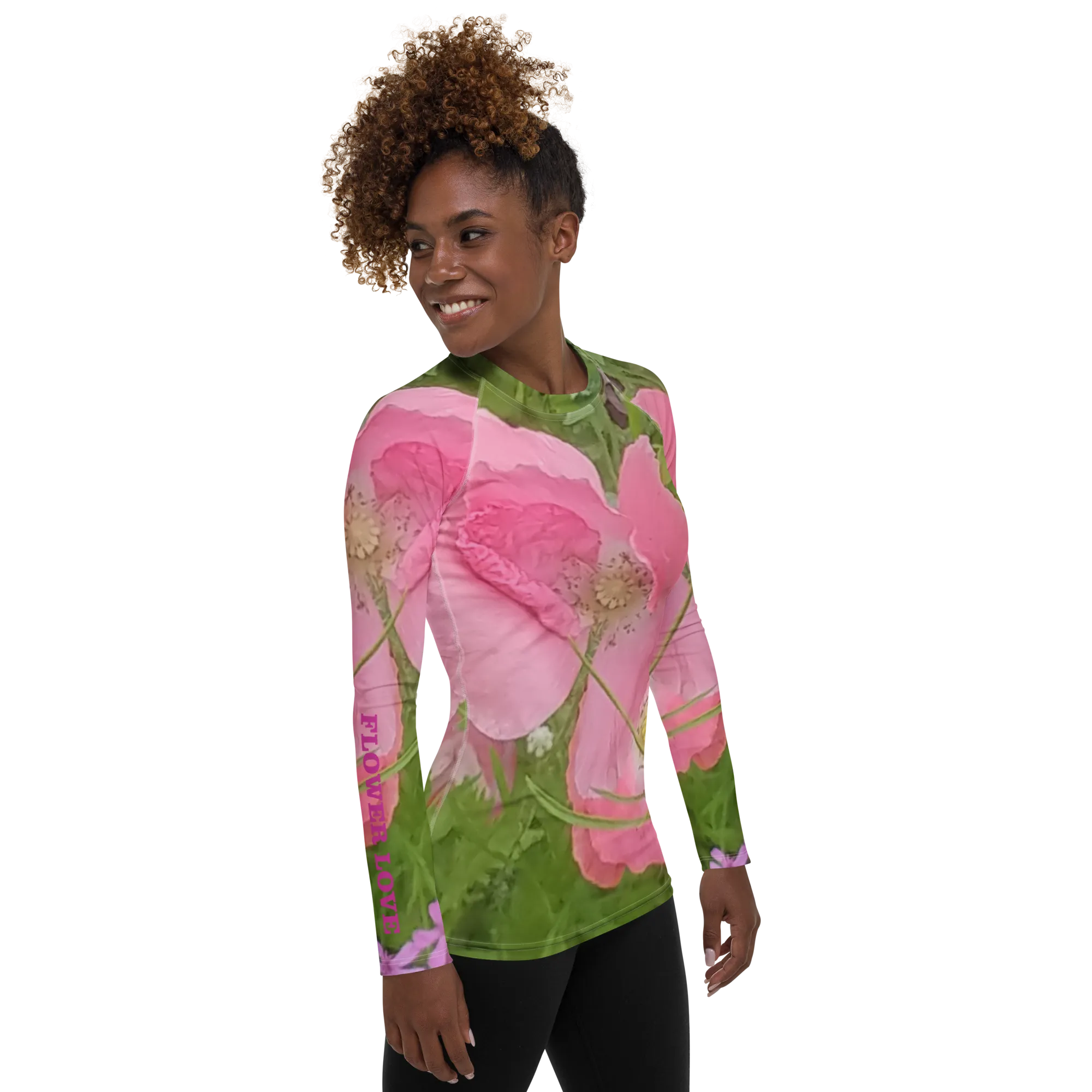 The FLOWER LOVE Collection - "Pretty Pink Poppies" Design Luxurious Women's Rash Guard, Sun Protective Clothing, Sports & Fitness Clothing