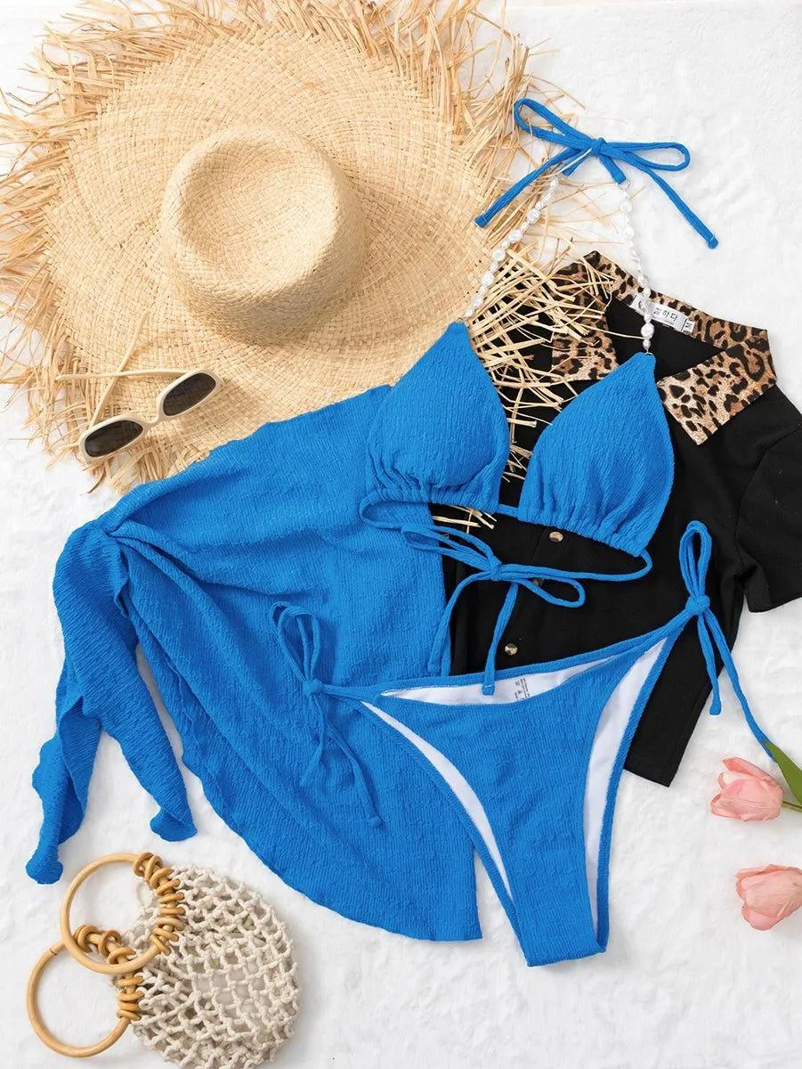 Women's Solid Color Bikini Set with Cover Up - Designer Swimwear by GFIT SPORTS